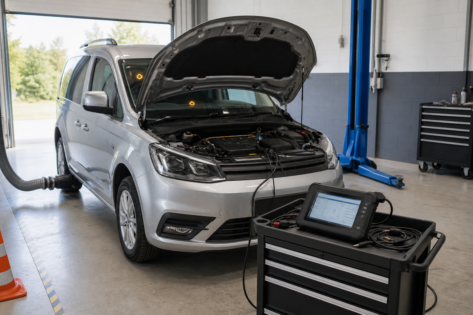 Silver minivan undergoing diagnostics at an auto repair shop with an open hood.