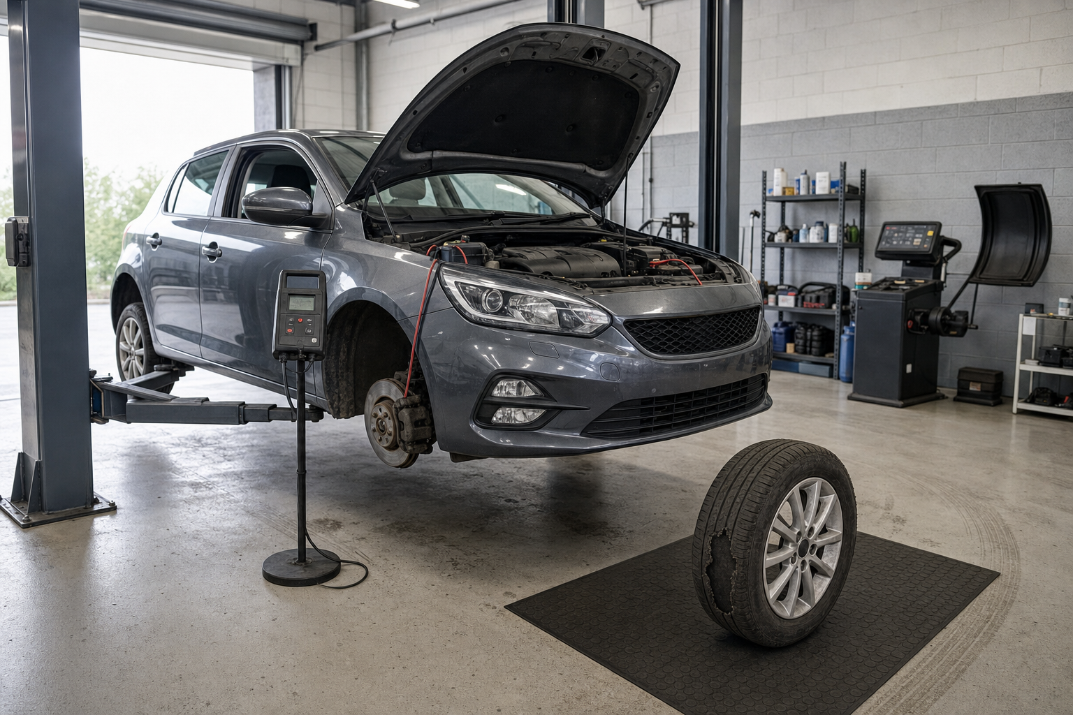 A grey car on a lift with the bonnet open and a damaged tyre nearby in a garage.