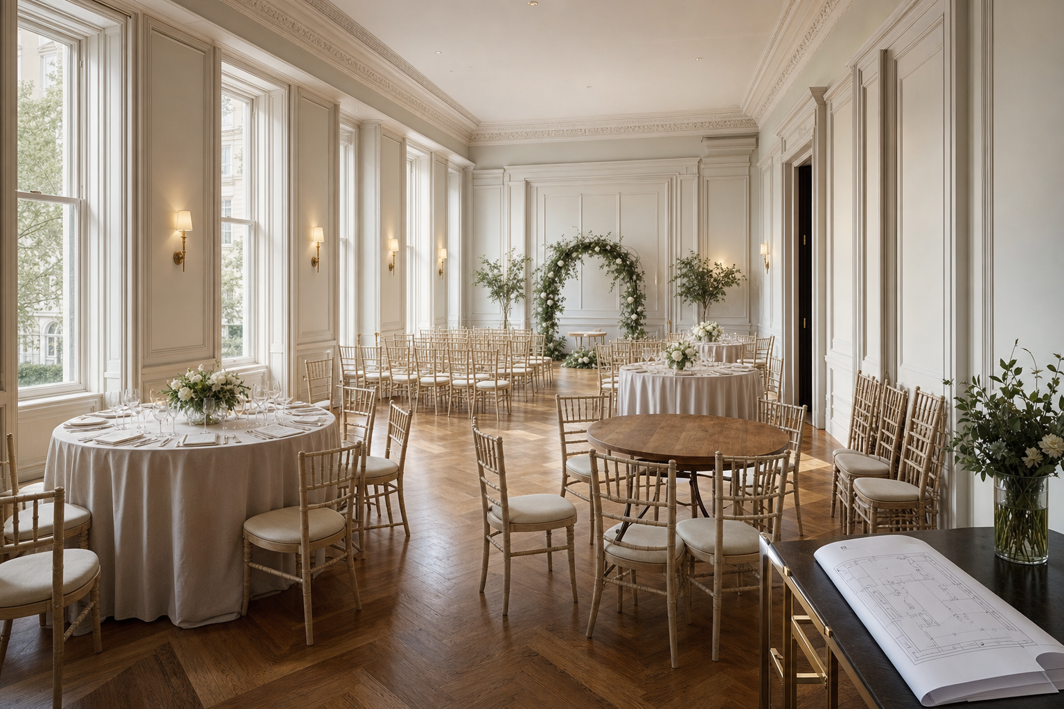 Elegant banquet hall with round tables, floral centrepieces, and a wedding arch near large windows.