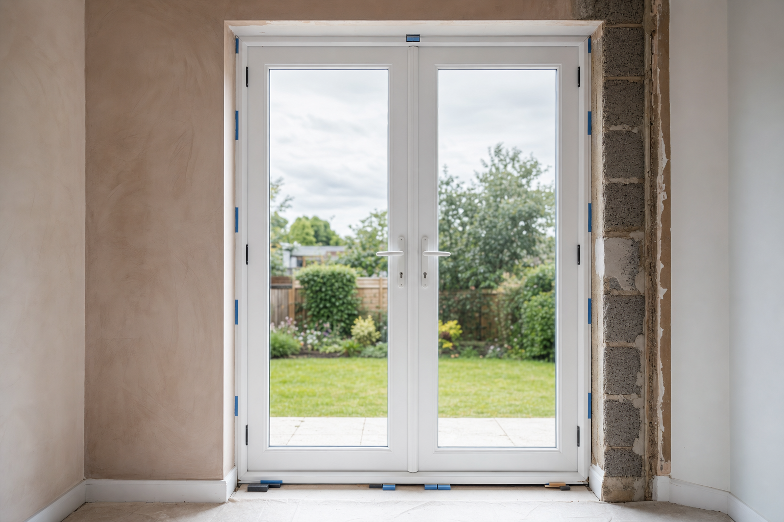 White double doors open to a view of a green garden from a partially renovated interior.