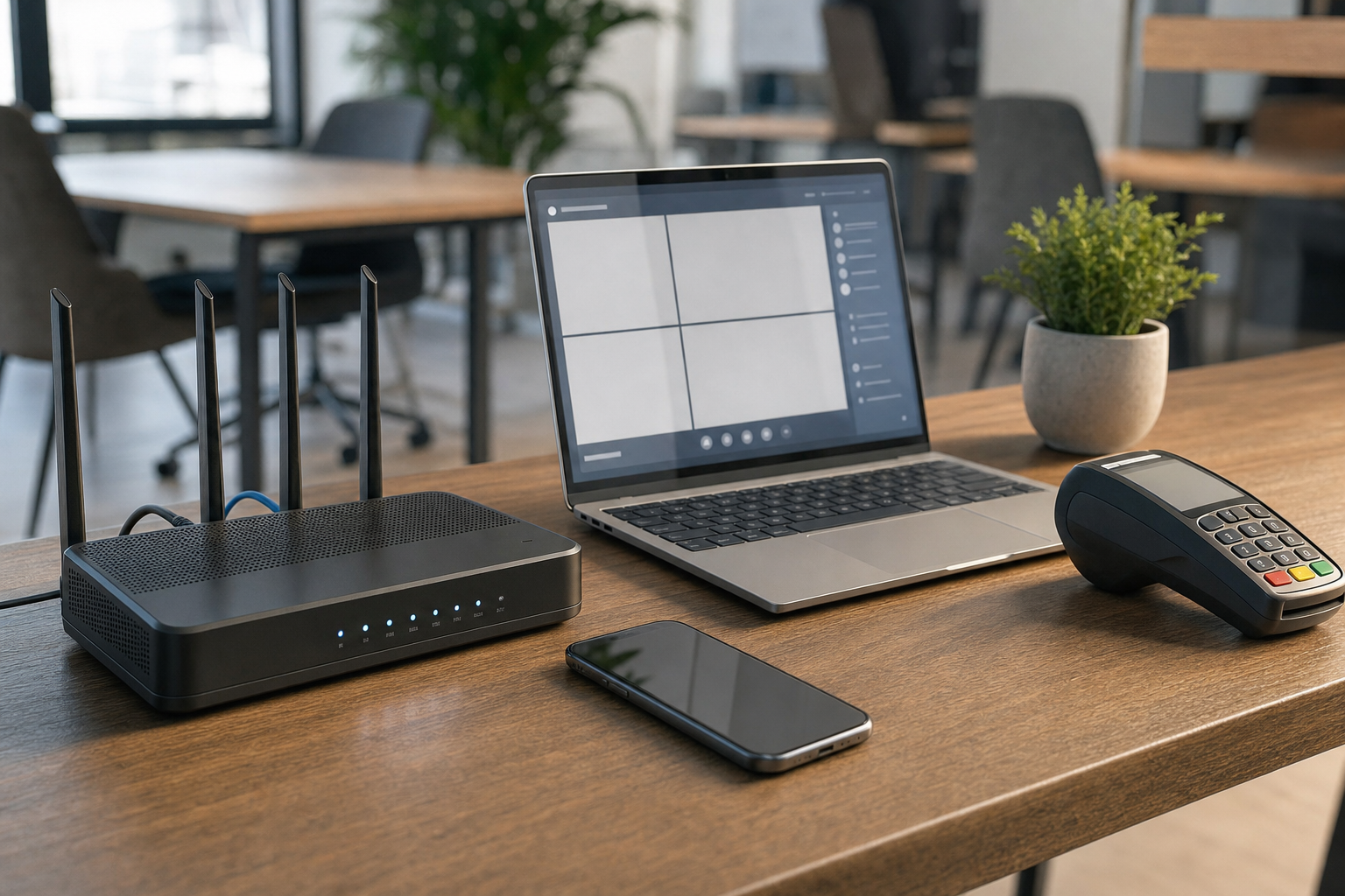 Office desk with a laptop, router, smartphone, and a payment terminal, alongside a small potted plant.