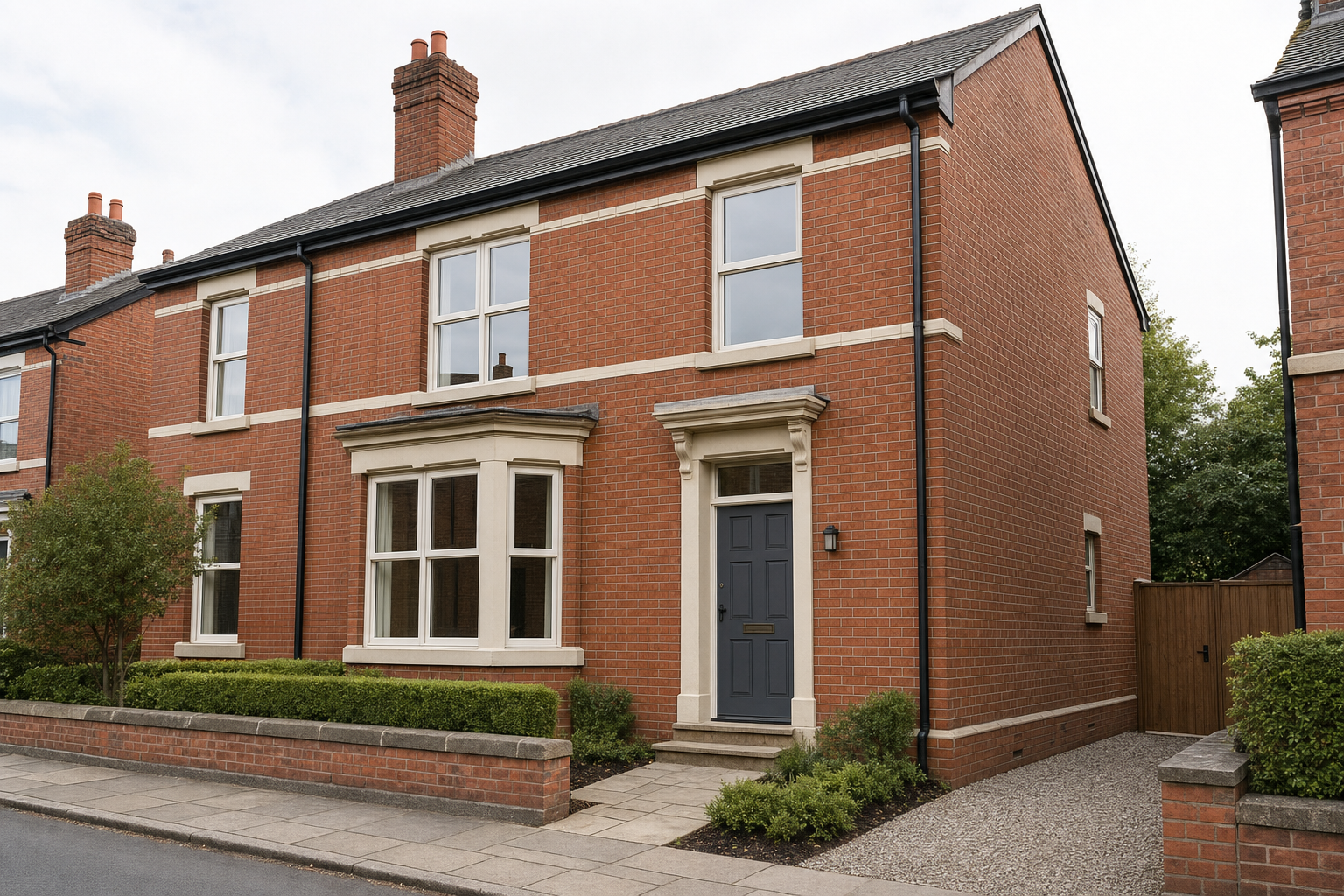 Red-brick detached house with grey door and bay windows, featuring a small front garden with green hedges and a pathway.