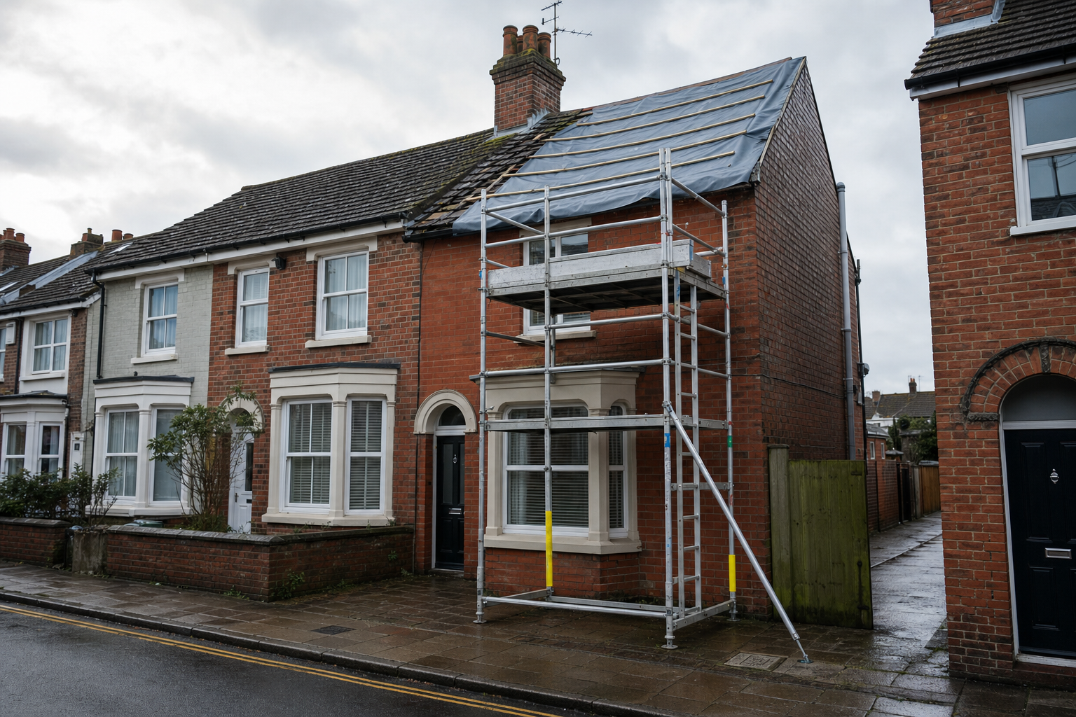 Red brick terraced house with scaffolding in front for roof repairs on a rainy day.