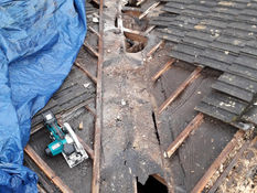Roof repair process showing damaged sections