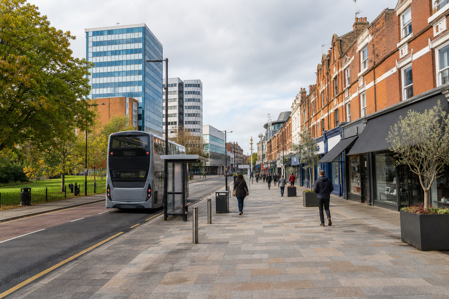 Urban street with modern buildings, trees, pedestrians, and a double-decker bus near a bus stop.