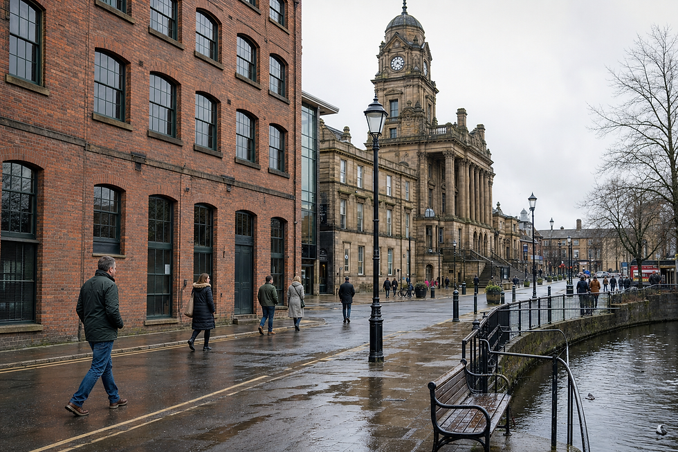 People walking along a rainy street beside historic stone and red-brick buildings with a canal in the foreground.