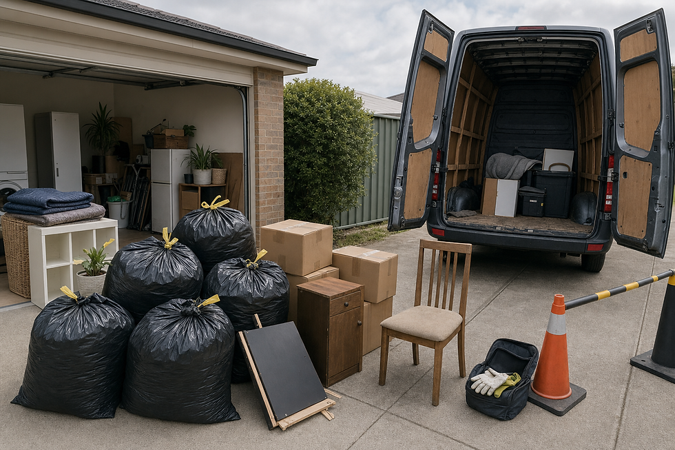 Open moving van surrounded by packed bags, boxes, and furniture outside a garage.