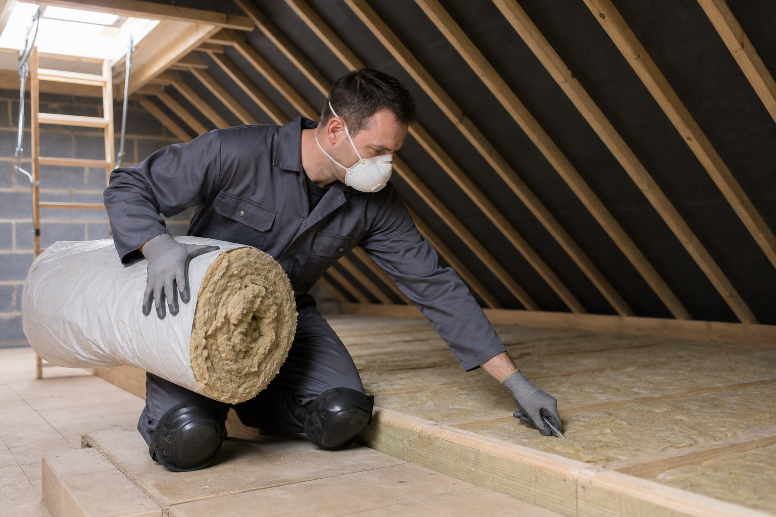 Worker in protective gear installing insulation in a loft, unrolling material on a wooden floor.
