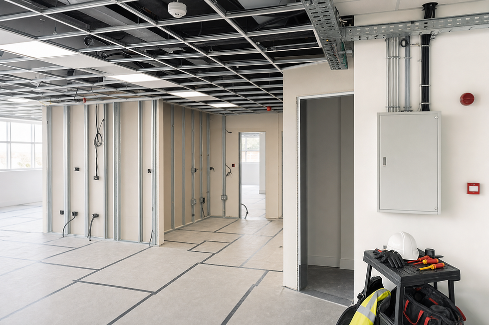 An unfinished office interior with exposed wiring, metal studs, and a construction cart holding tools and a hard hat.