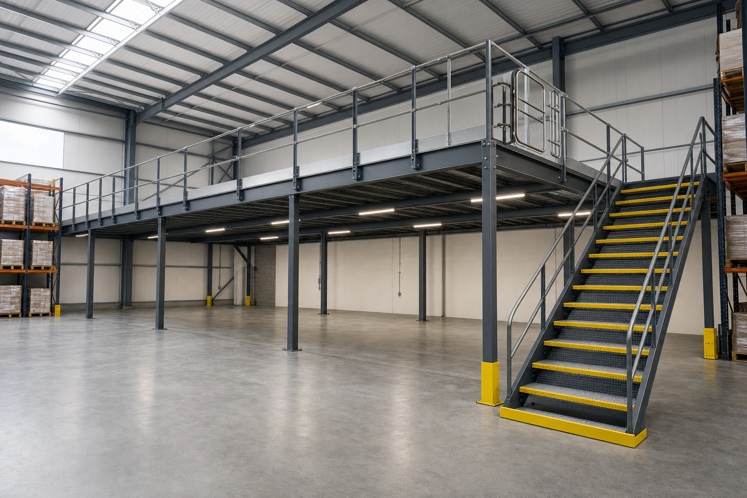 Steel mezzanine with a staircase in a spacious, well-lit warehouse.