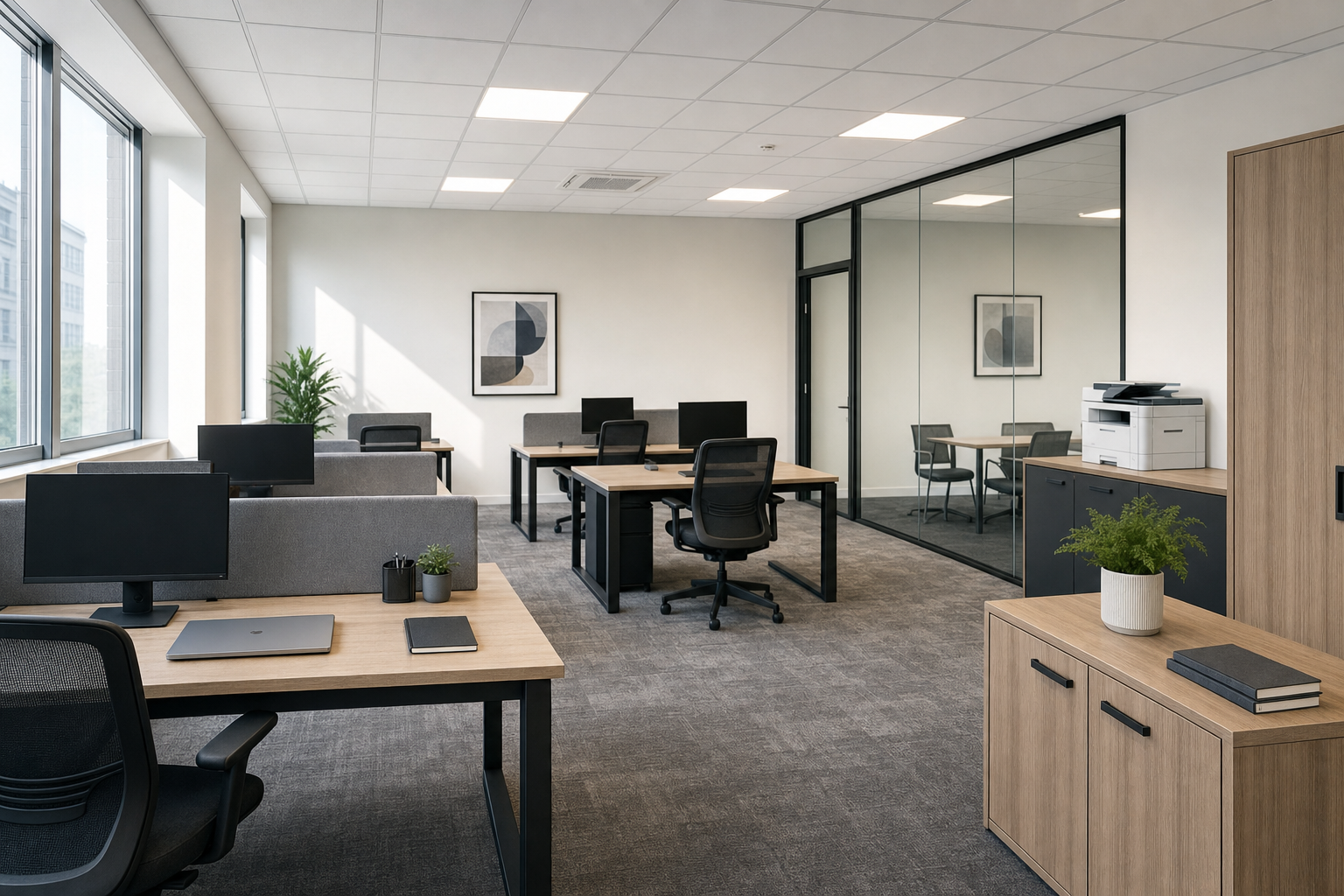 Modern open-plan office with desks, computers, and a printer, featuring large windows and minimalist decor.