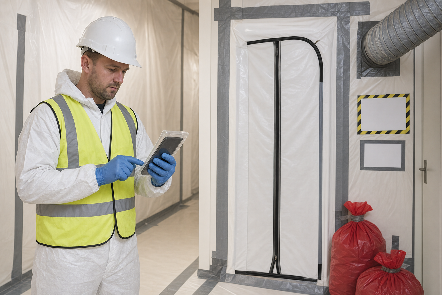 Construction worker in protective clothing uses a tablet in a safety-controlled area with red disposal bags.
