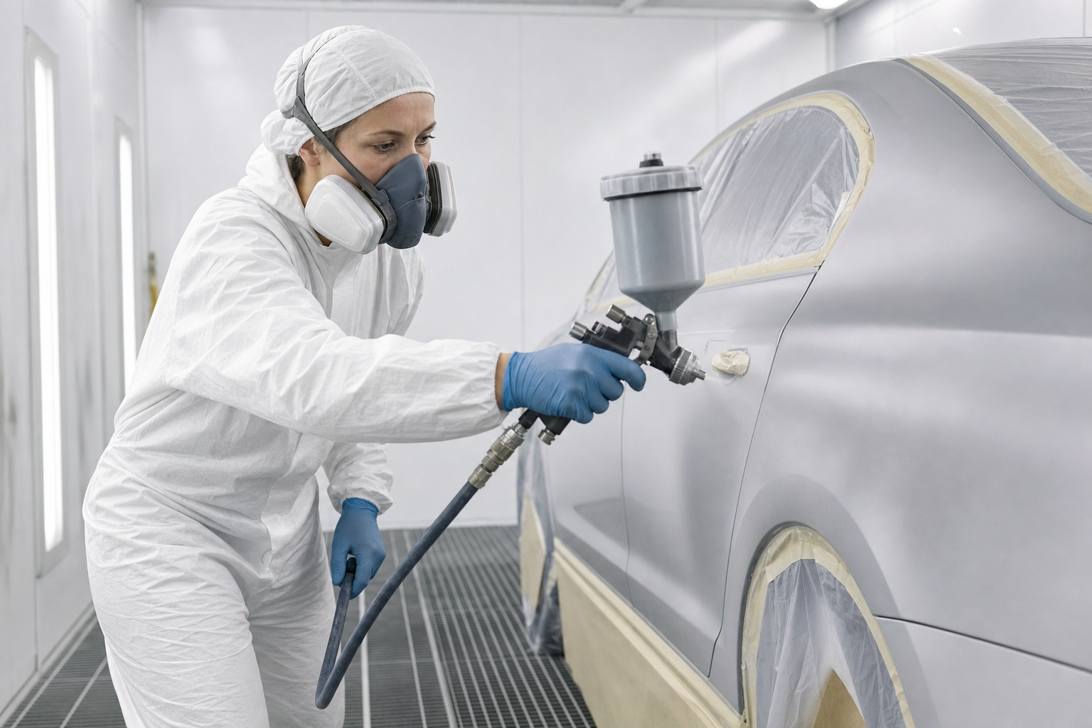 Person wearing protective equipment spray-painting a car in an automotive workshop.