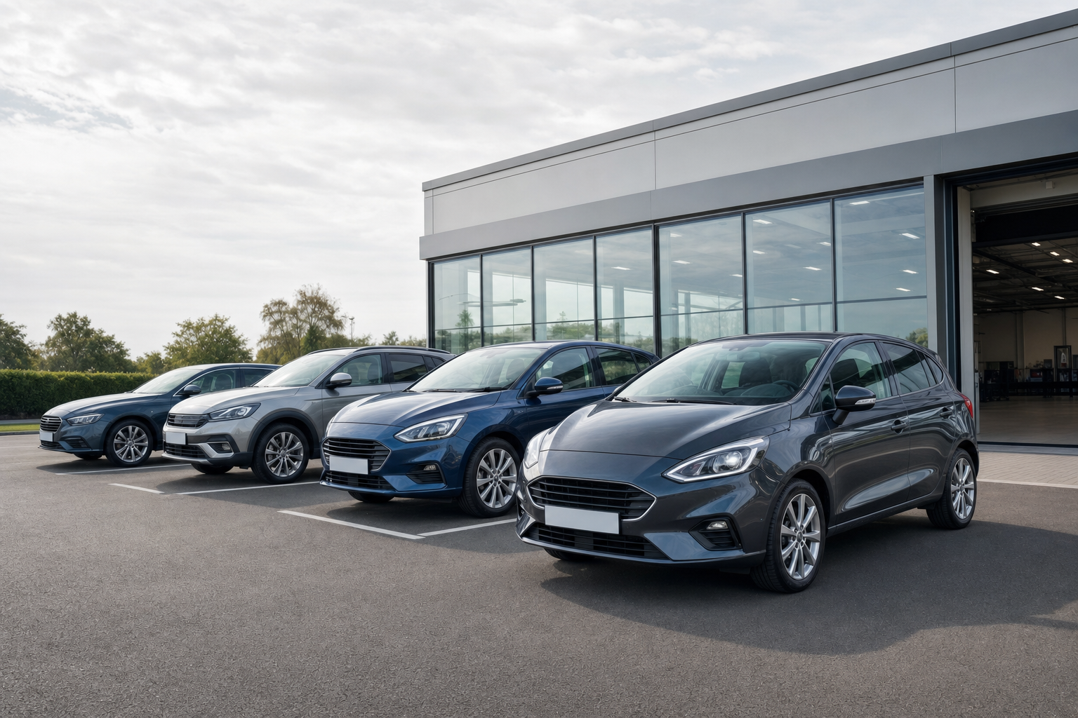 Four sleek cars parked in a row outside a modern glass-fronted building.