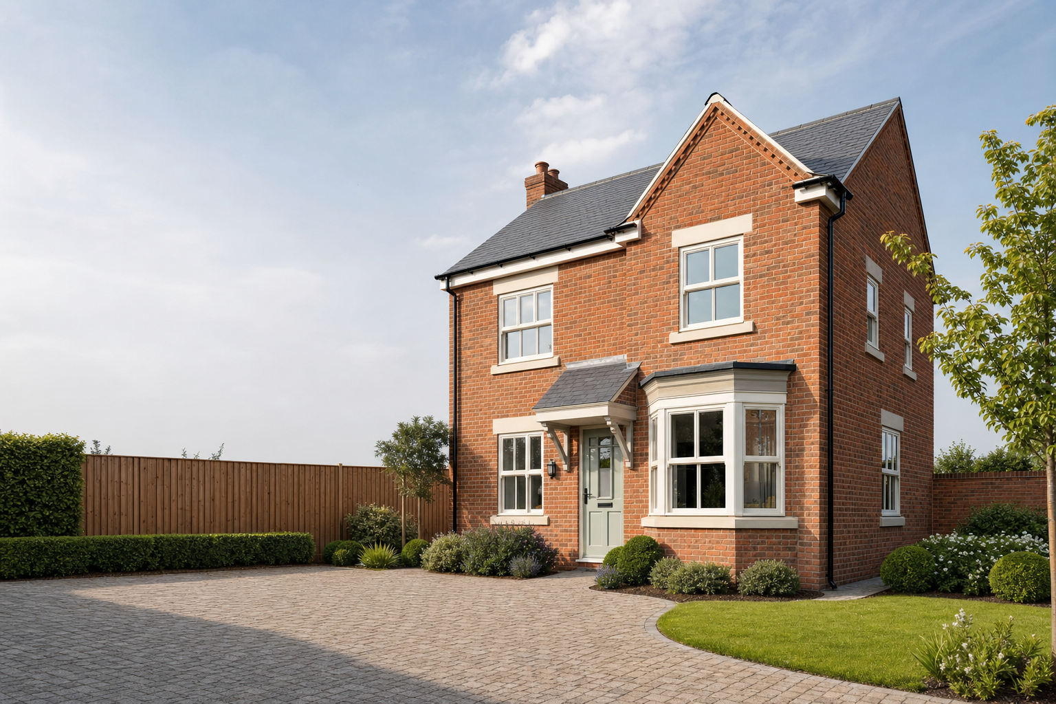 Red-brick detached house with a bay window, grey roof, and landscaped garden under a blue sky.