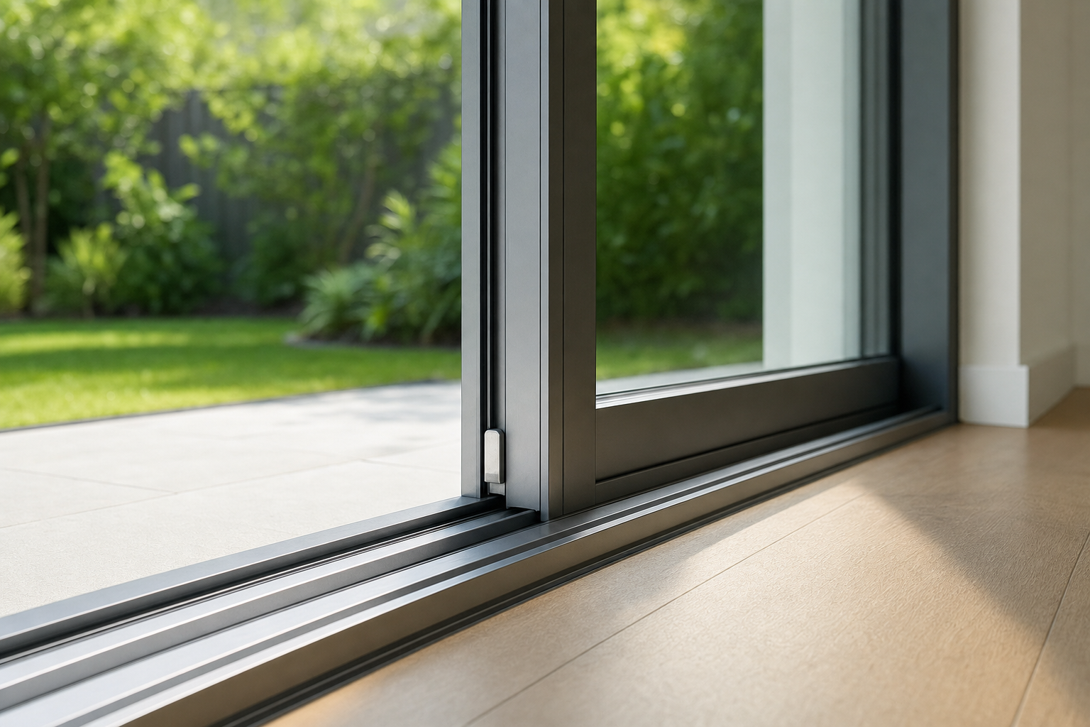 Sliding glass door open to a sunny patio and landscaped garden.