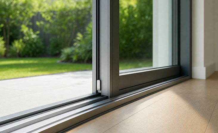 Sliding glass door open to a sunny patio and landscaped garden.