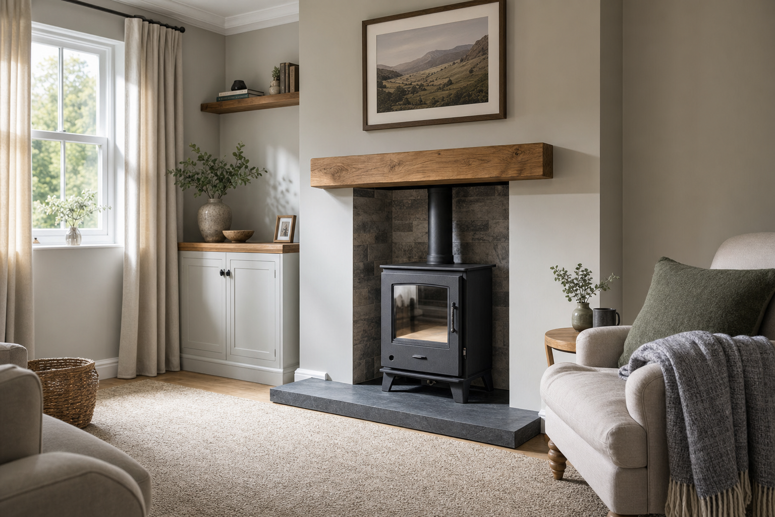Cosy living room featuring a wood-burning stove, neutral furnishings, and a large window with cream curtains.