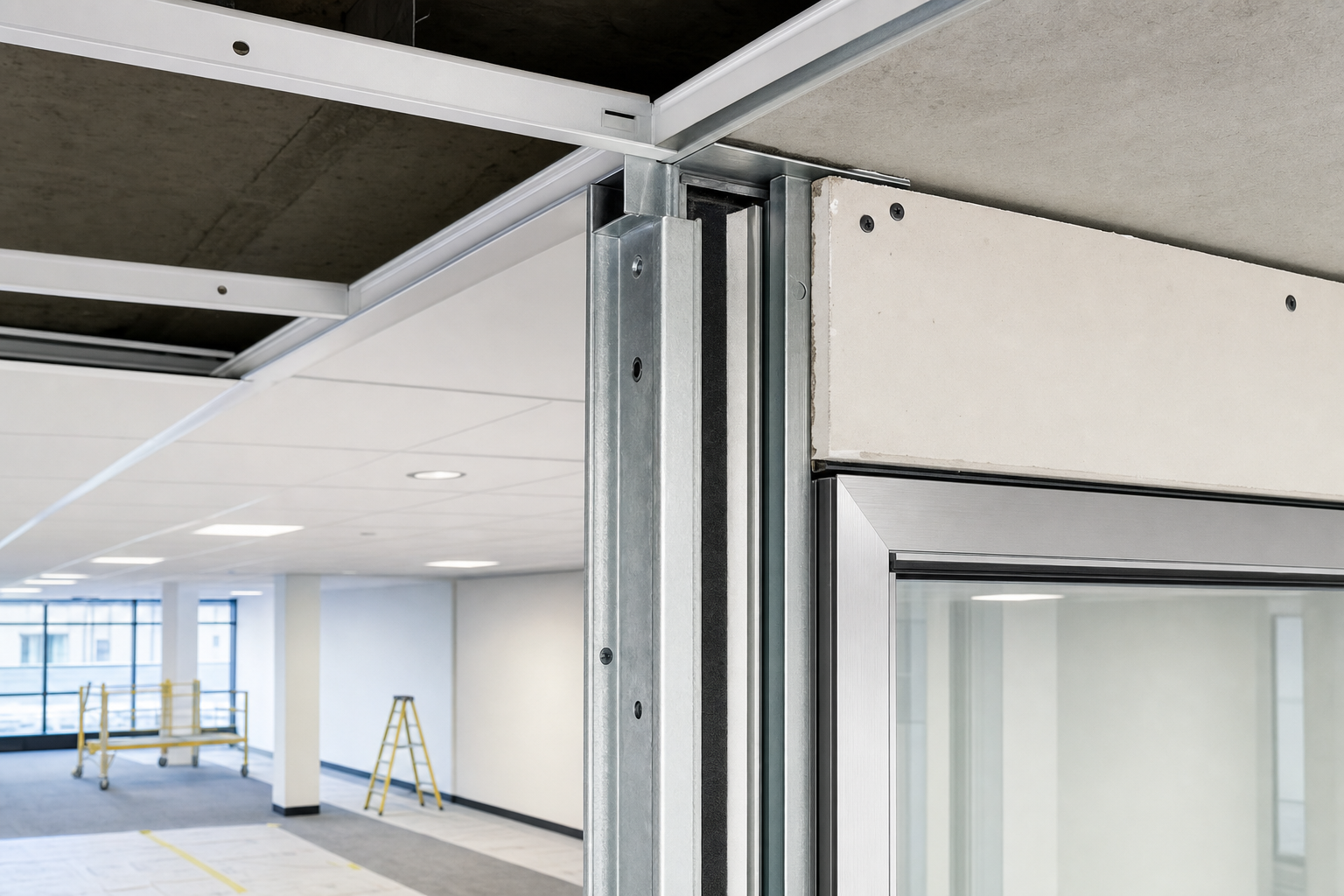 Close-up of exposed interior wall partition framing in a modern office under construction.