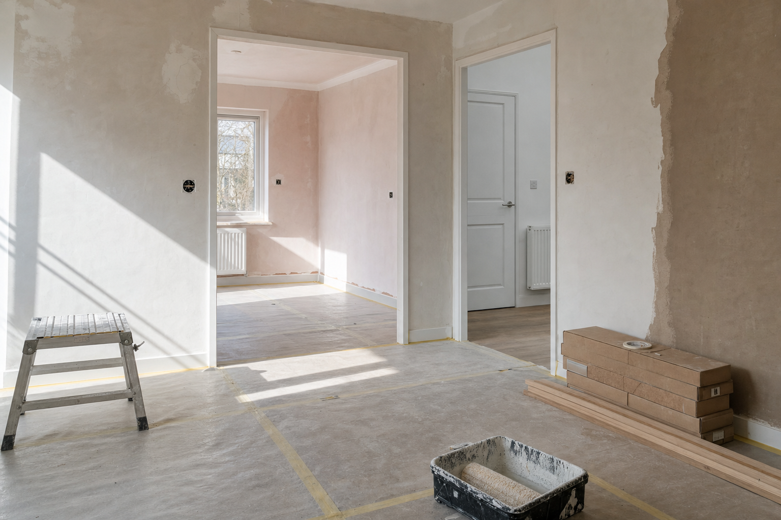 Home renovation scene showing freshly plastered walls, open doorways, and surface protection sheeting.