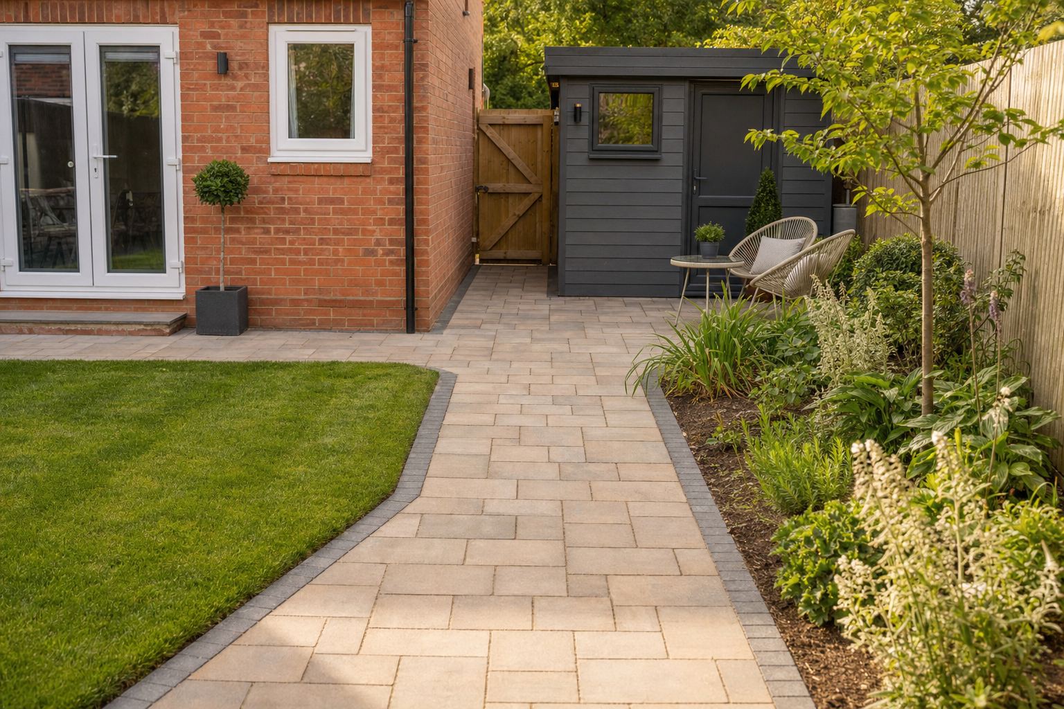 Garden with a paved path leads to a modern shed, surrounded by plants and a well-kept lawn.