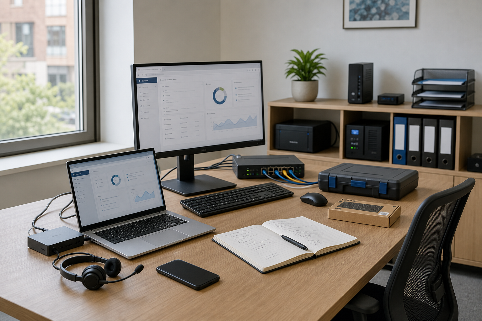 Office desk with a laptop, monitor, keyboard, and notebook, set in front of a window.