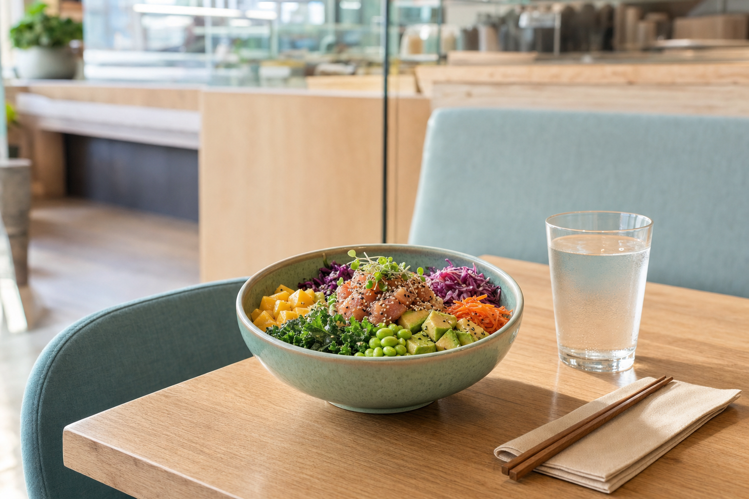 A vibrant poke bowl with various fresh ingredients sits on a wooden table beside a glass of water and chopsticks in a cafe setting.