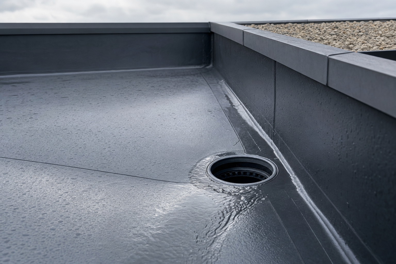 A flat roof with a waterproof membrane and a drainage system collecting rainwater near the edge.