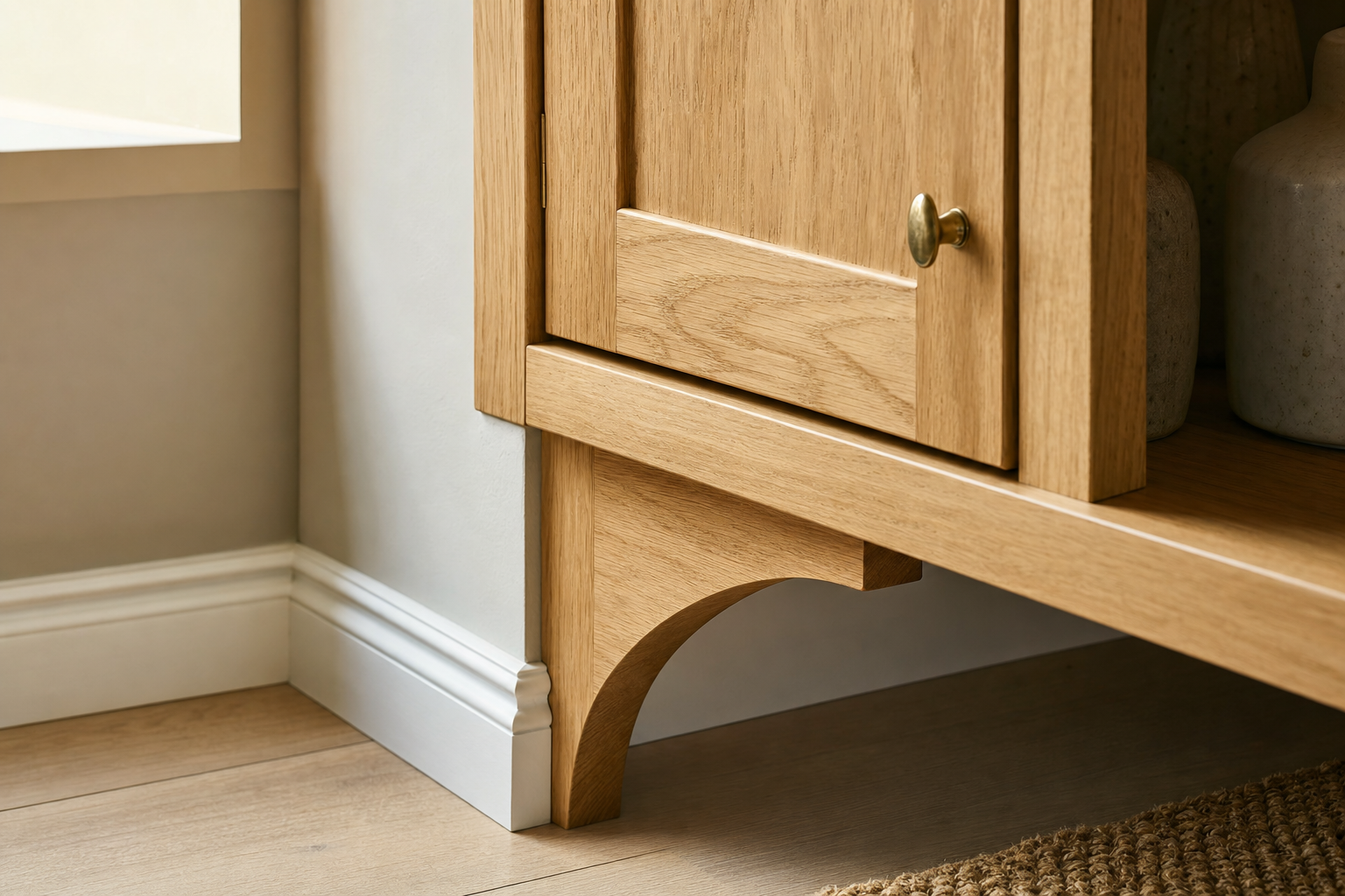 Close-up of a wooden cabinet corner with brass knob, set against light walls and a wooden floor.
