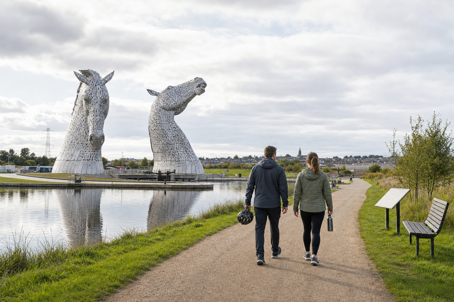 Two people walking along a path beside a canal, with large horse head sculptures in the background.