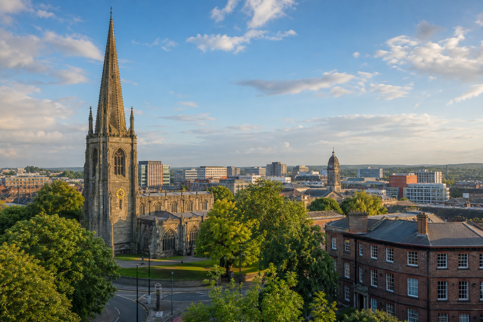 Cityscape featuring a historic church with a spire surrounded by trees and modern buildings under a blue sky.