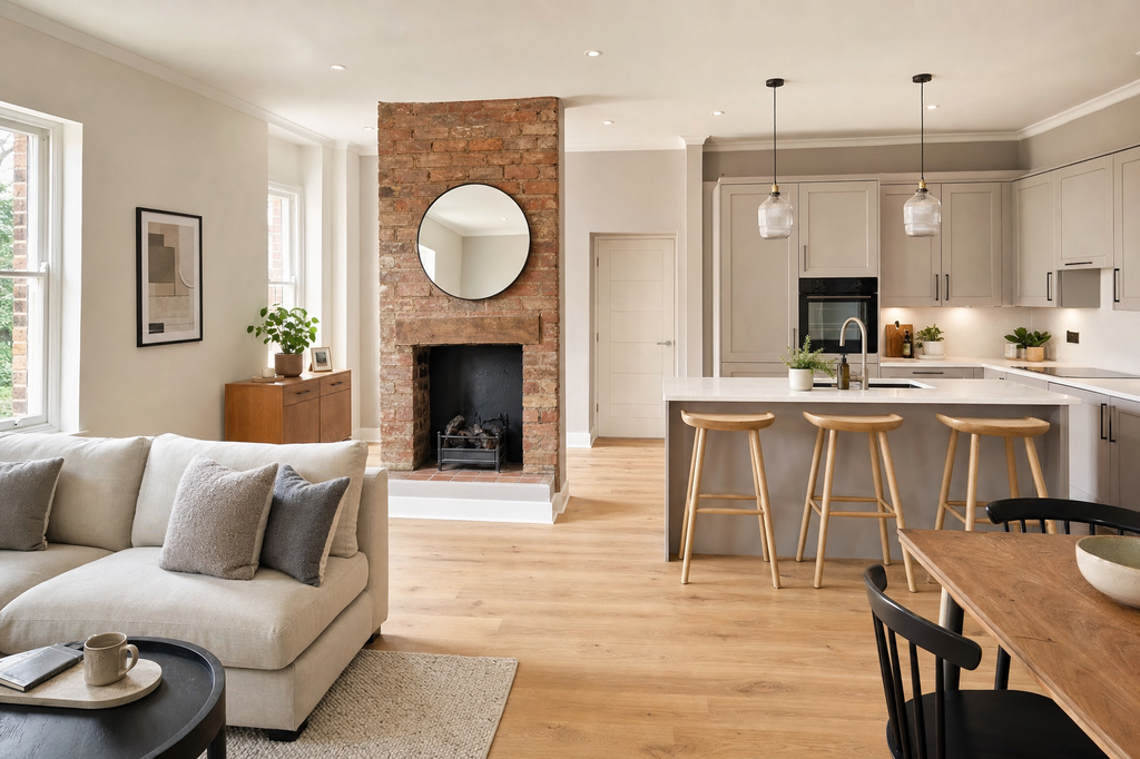 Modern open-plan kitchen and living area with a brick fireplace, beige sofa, and wooden breakfast bar stools.