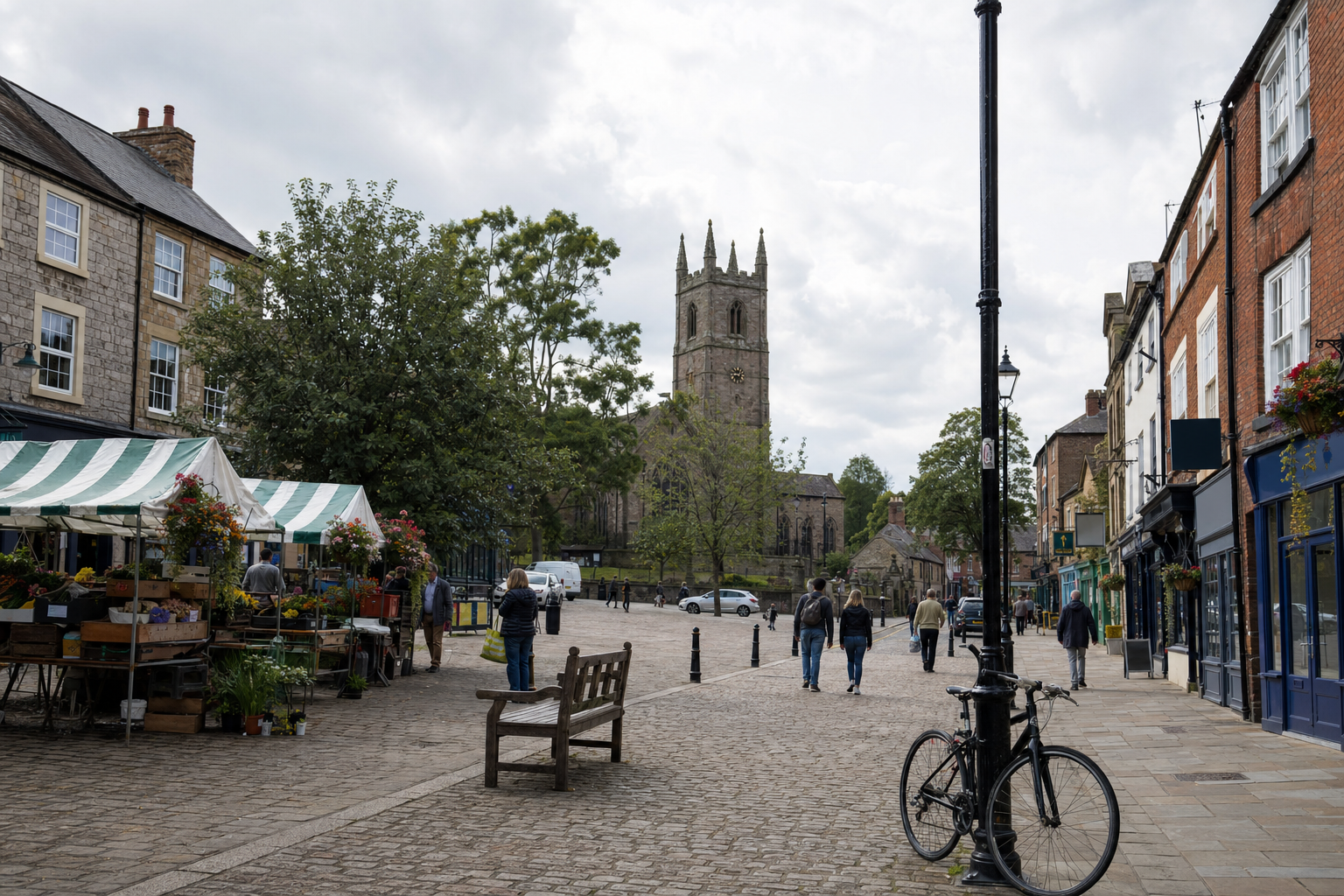 A bustling market square with stalls, people, and a church tower in the background on a cloudy day.