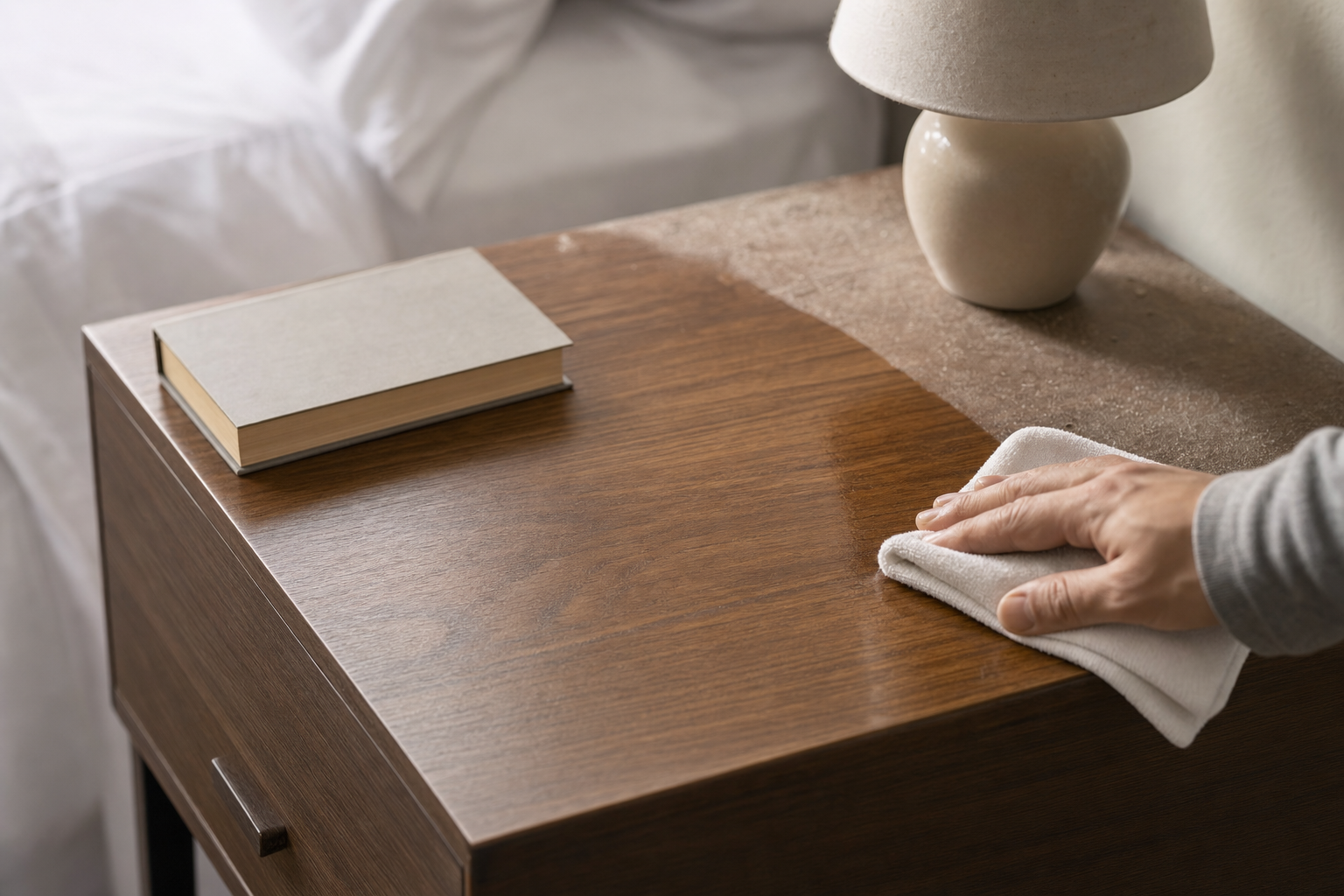 A hand cleaning dust off a wooden bedside table with a cloth, next to a book and lamp.