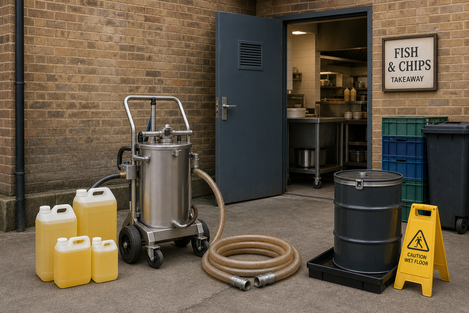 Cleaning equipment and supplies outside fish and chips takeaway kitchen with a caution sign.