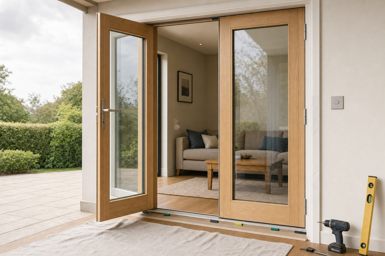 Open wooden French doors leading to a living room with a sofa and coffee table, with a drill and level nearby.