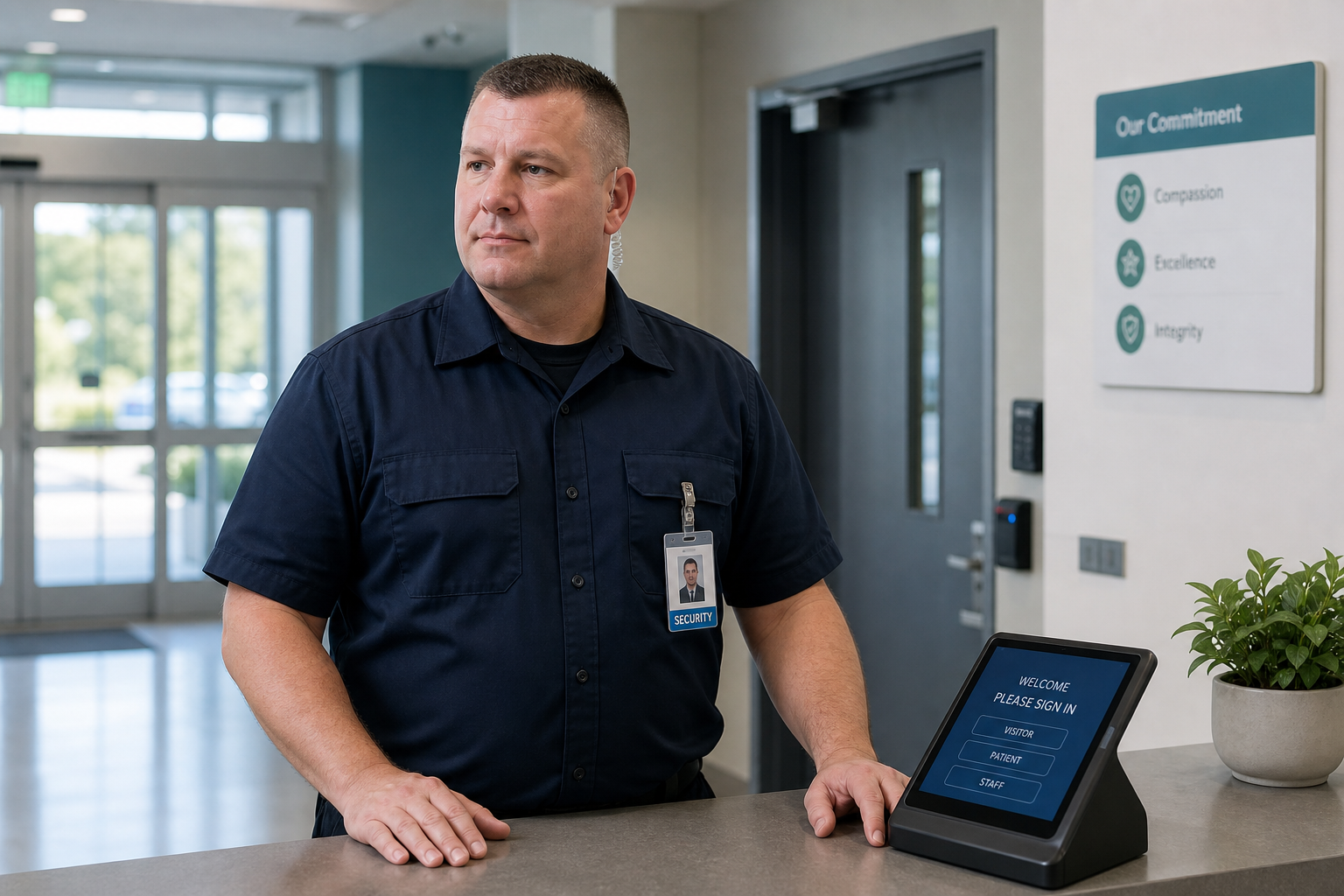 A security guard standing at a reception desk with a sign-in tablet and a sign detailing commitments on the wall.