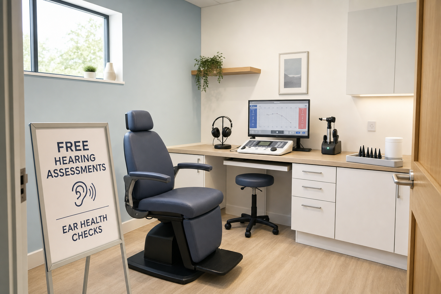 Hearing assessment room with audiometer, chair, and a sign offering free hearing checks.