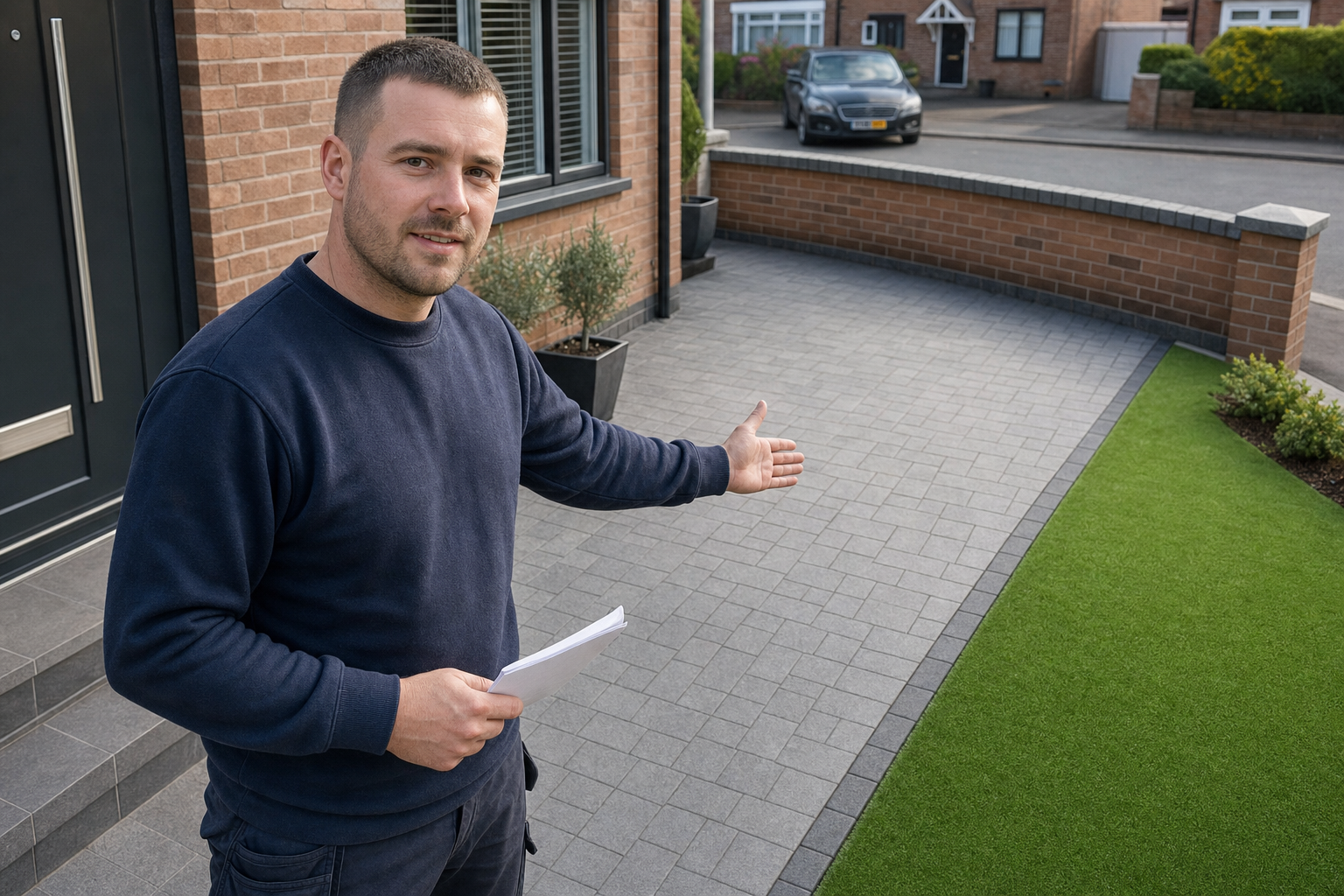 Man in a navy jumper gestures towards a newly paved driveway next to artificial grass.