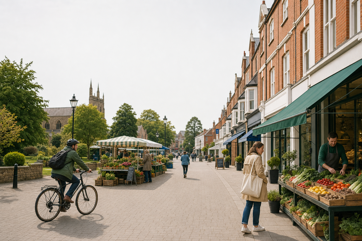 A cyclist and pedestrians pass by a bustling market stall on a tree-lined street with a church in the background.