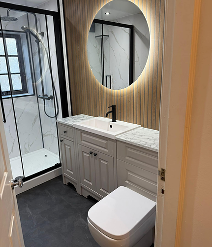 Modern bathroom installation, new bathroom, wooden trims