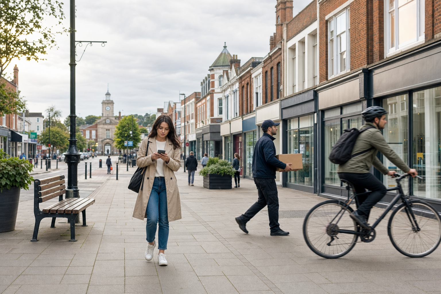 A woman walks down a bustling high street, looking at her phone, as cyclists and pedestrians pass by.
