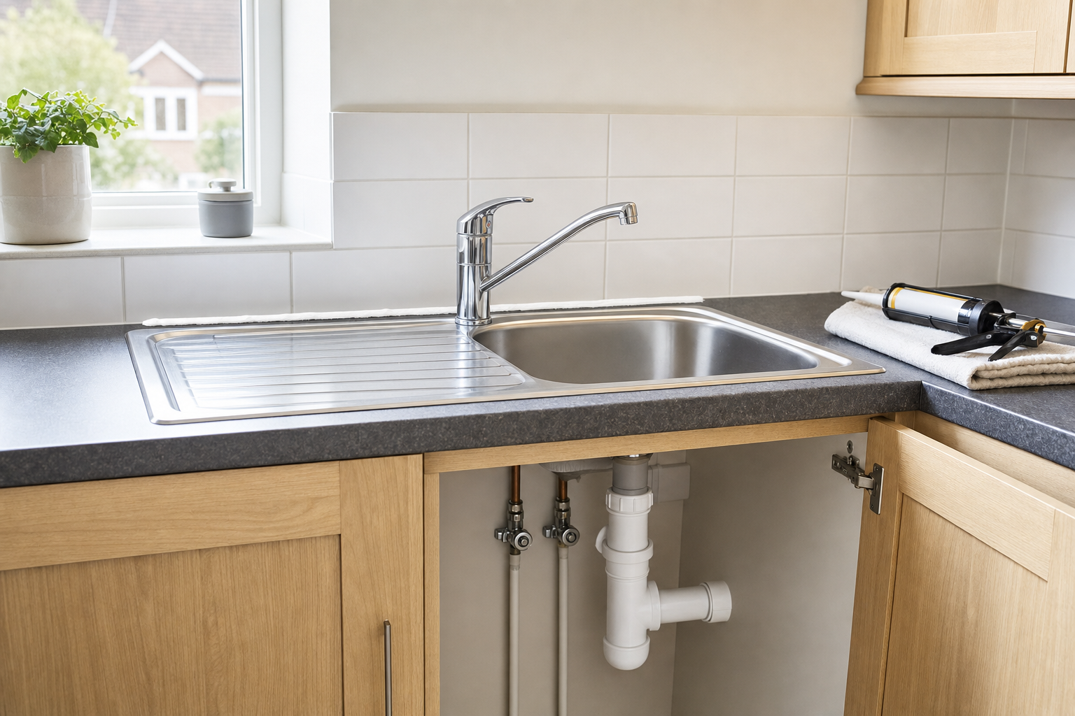 Modern kitchen sink with open cupboard showing plumbing and a sealant gun on the counter.