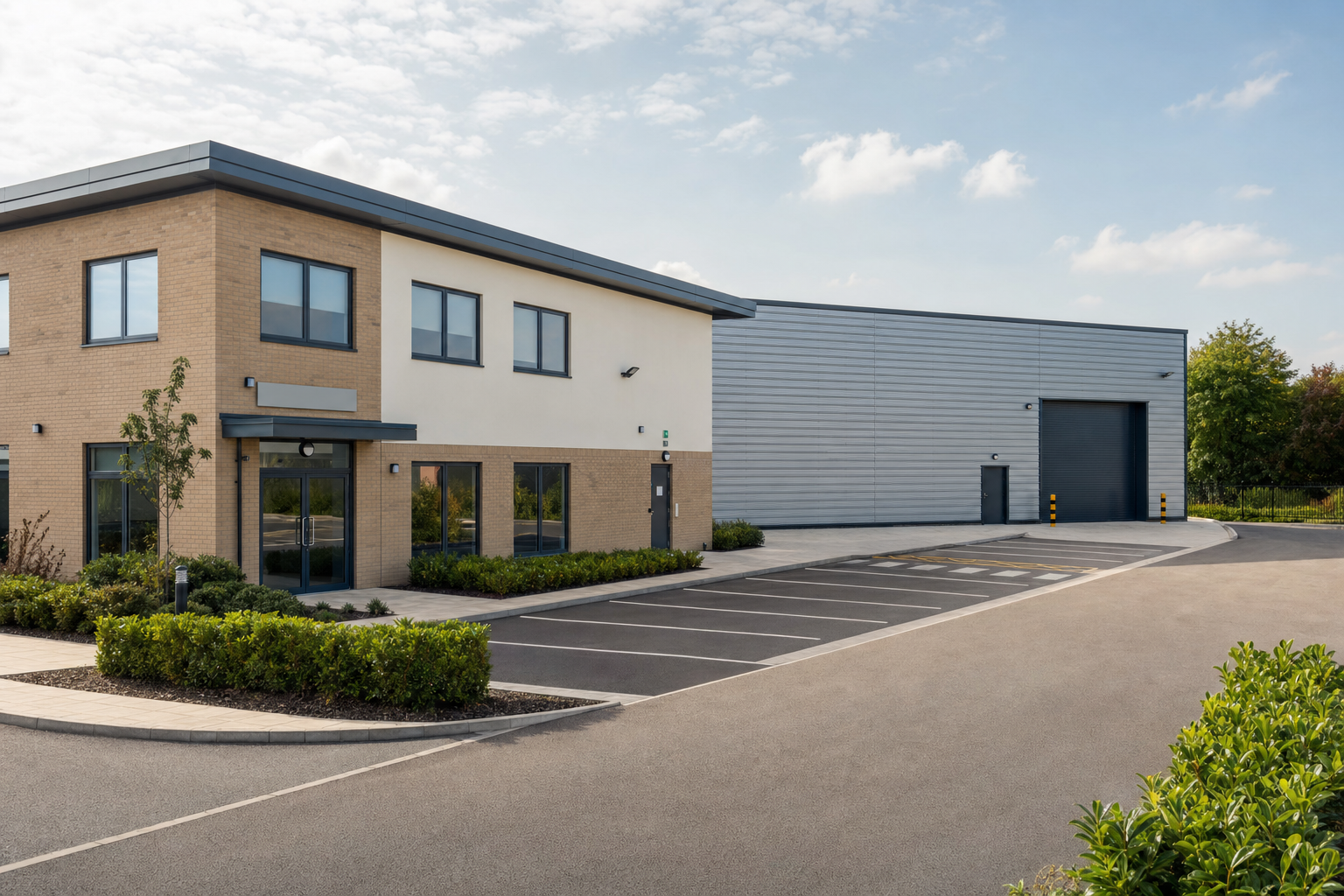 Modern industrial building with a brick office extension, surrounded by landscaping and an empty car park.