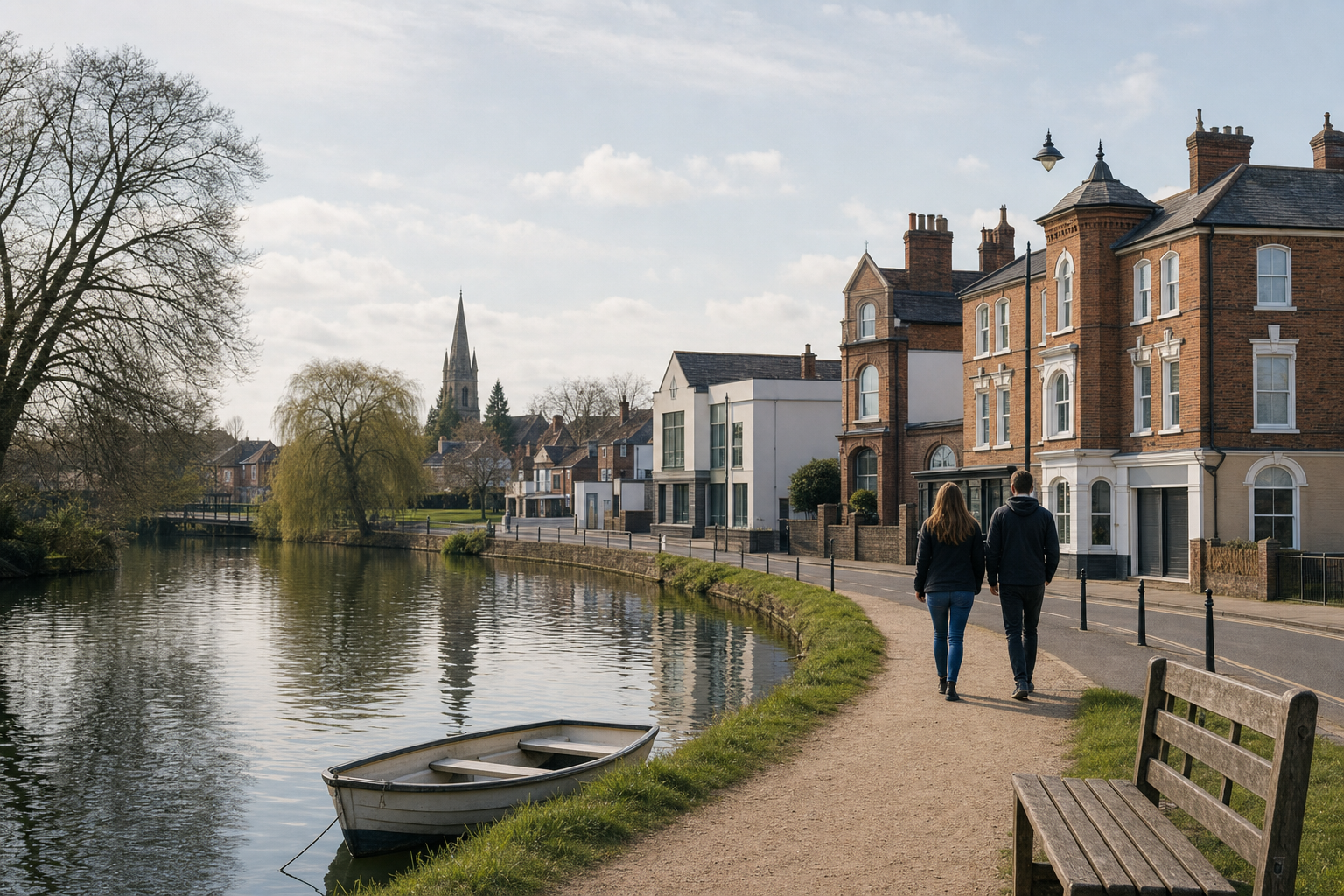 A couple walks along a riverside path beside brick buildings, with a small boat and a church spire in the distance.