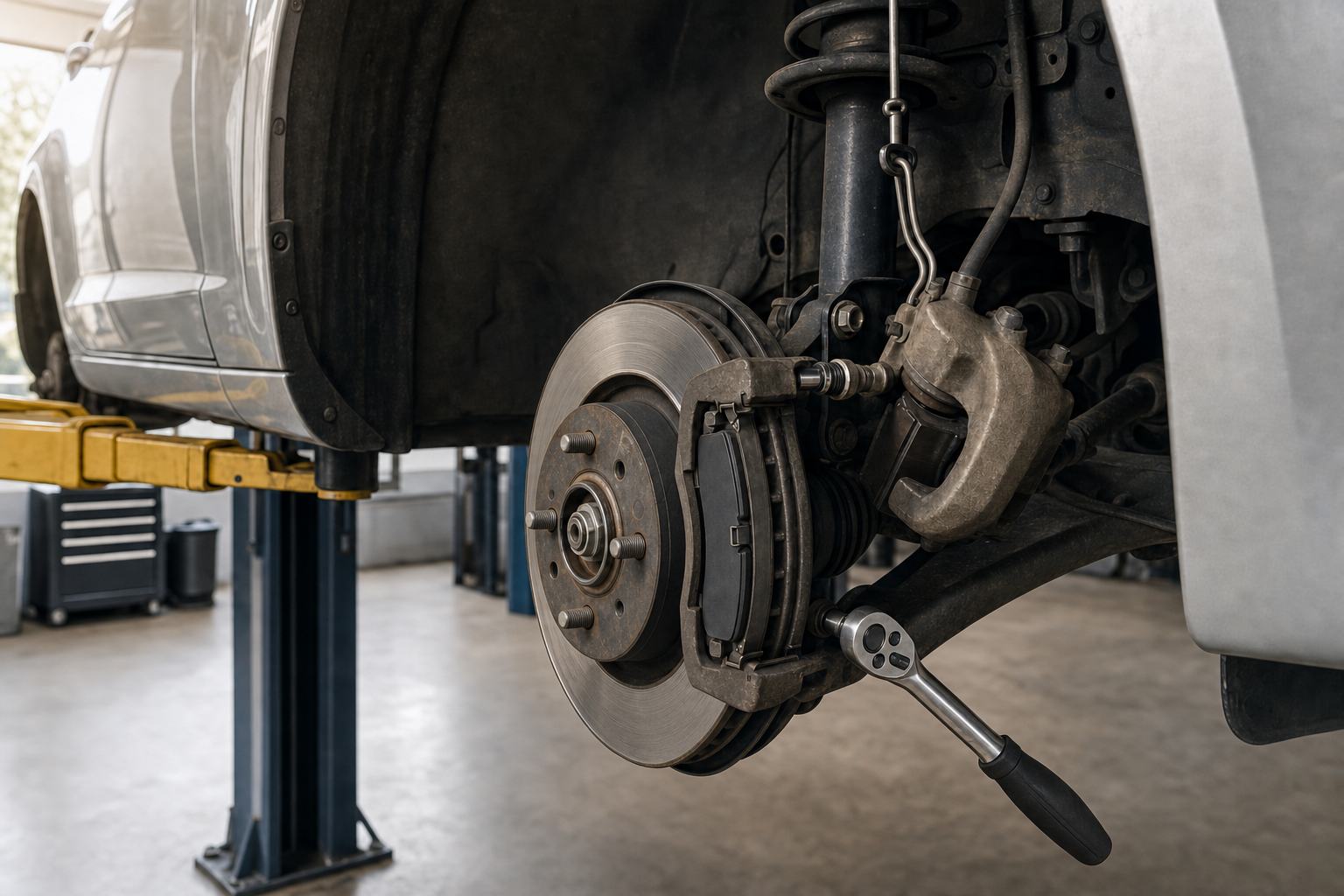 Suspension and brake system of a car on a lift, with a ratchet wrench attached to the brake caliper.