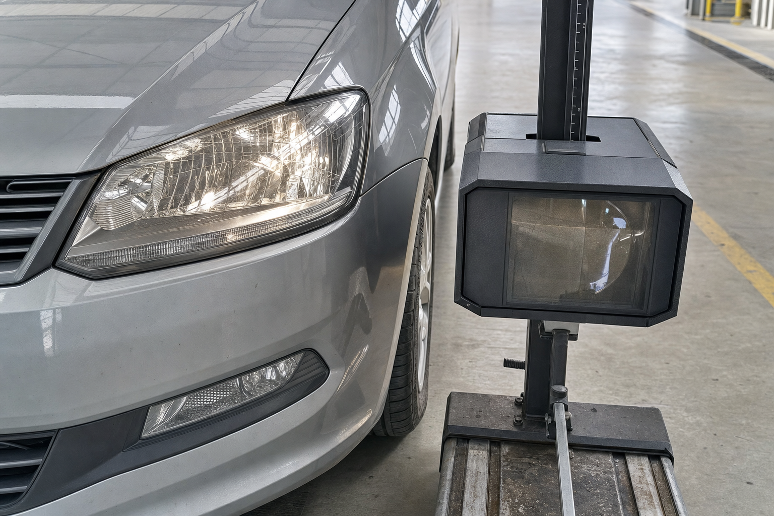 A car's headlight is aligned with a headlight tester in a garage setting.