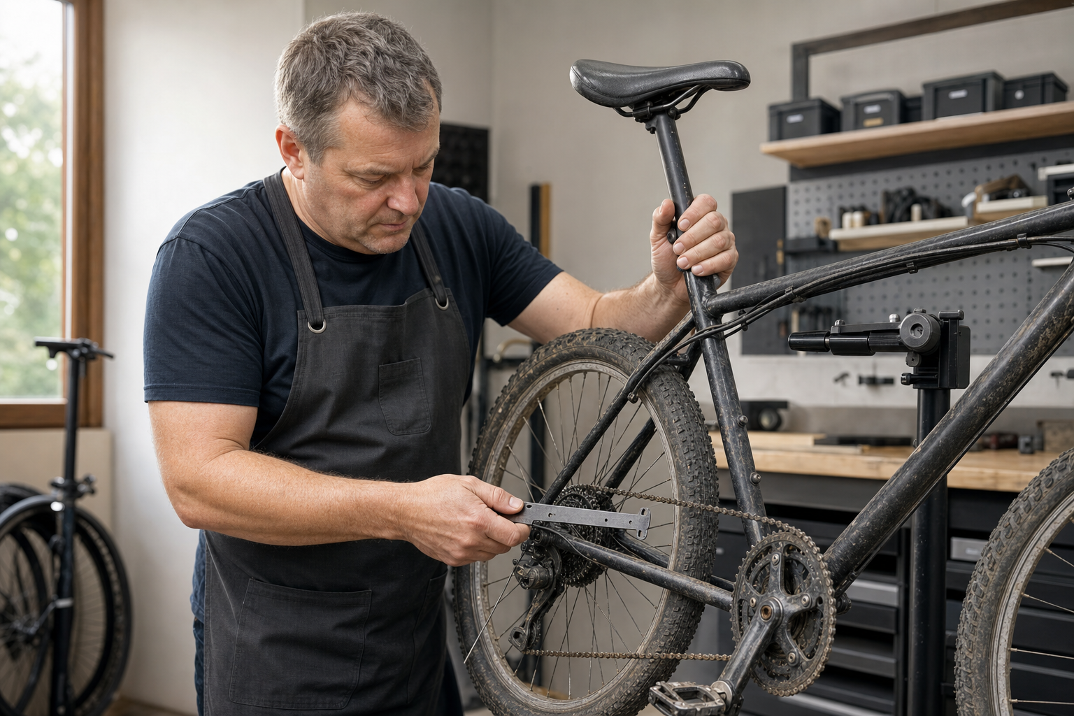 Man in workshop adjusting a bicycle chain with a tool.