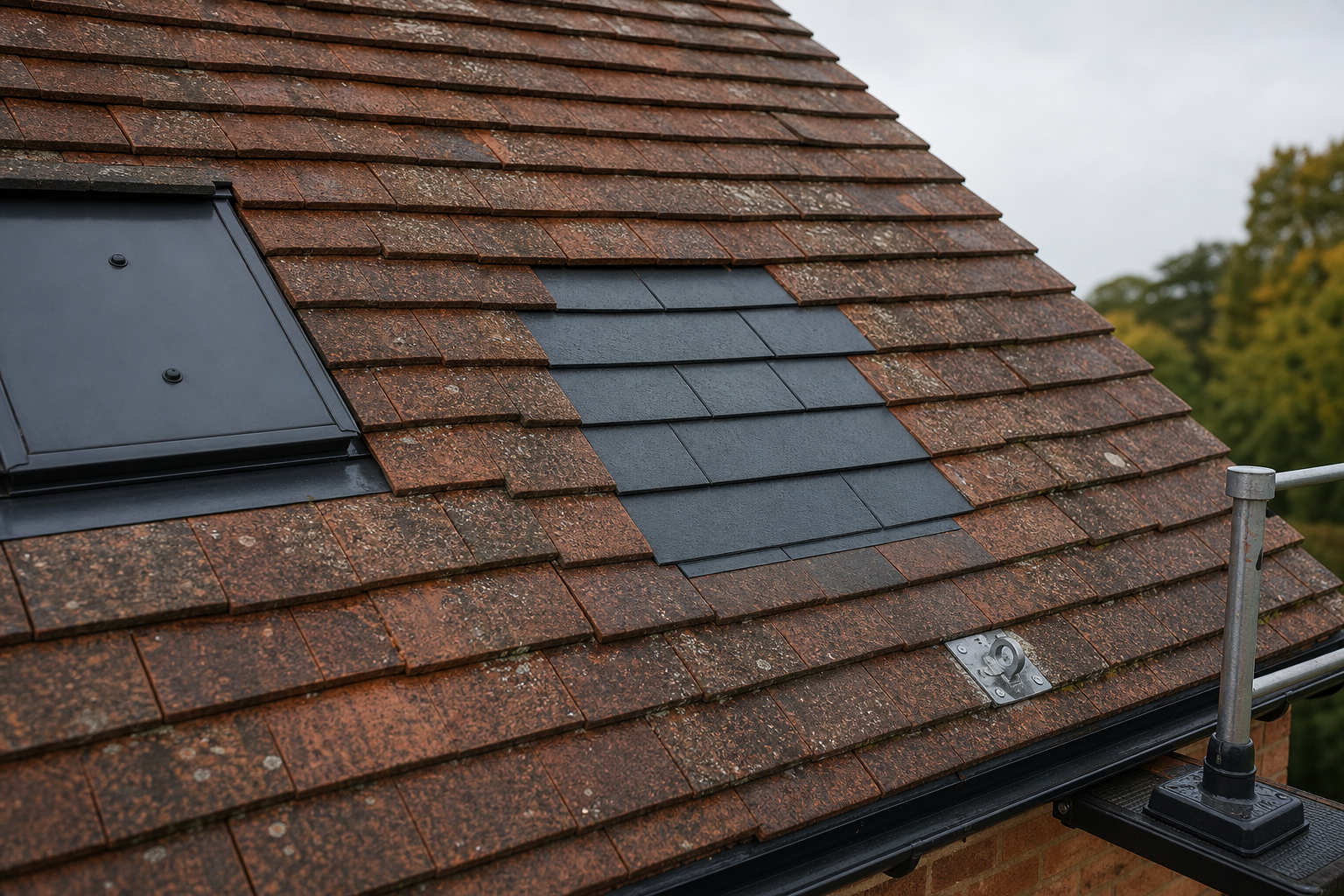 A sloped roof shows a mix of red and dark grey tiles with a small square skylight and a safety railing.