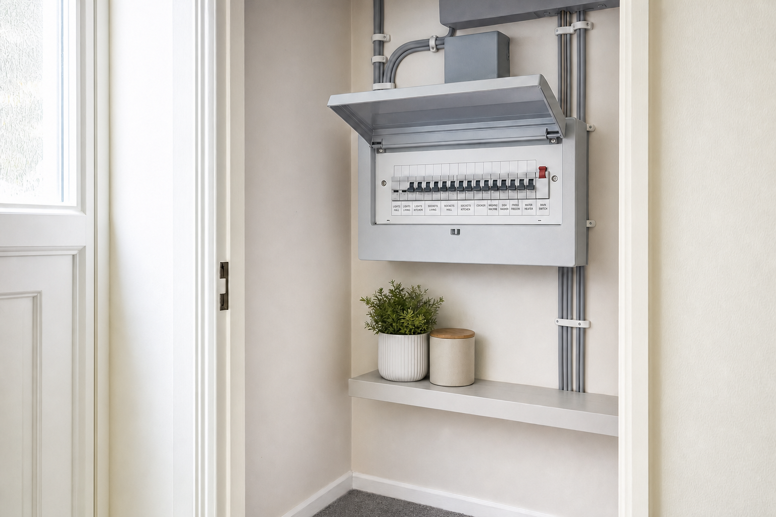 An open electrical panel with switches is mounted in a recessed wall space, above two small potted plants.